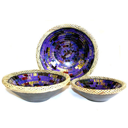 1x Set of Three Rattan Mosaic Bowls - Purple Glow