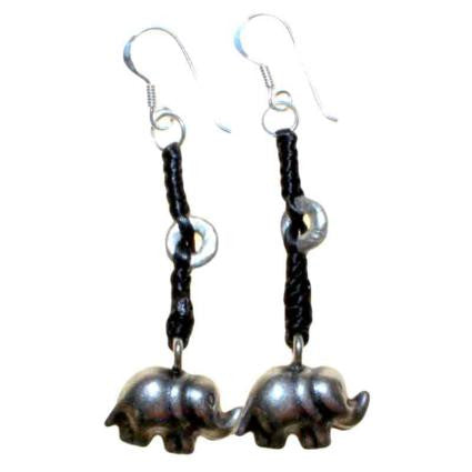 Black Waxed & Silver Elephant Earring