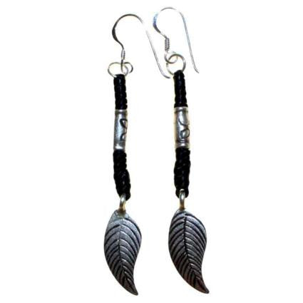 Black Waxed & Silver Feather Earring